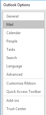 Outlook 2016 Mail Options.