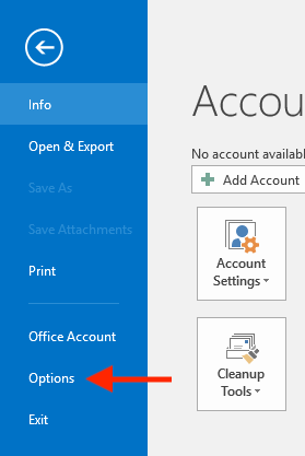 Outlook 2016 Options.
