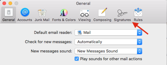 Apple Mail Preferences Signatures tab.