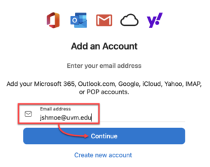 Outlook for Mac Add Email address box and Continue button highlighted