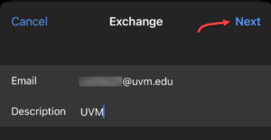 Email address and Description entry screen with Next highlighted