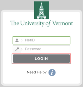 UVM NetID Login screen with Login button highlighted