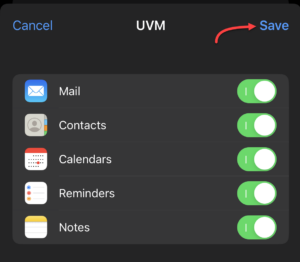 iOS apps to sync choices with everything checked. Save button highlighted