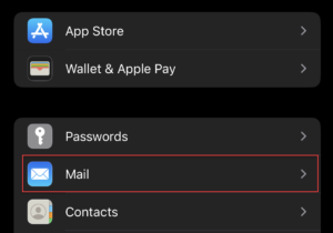 iOS Settings screen with Mail highlighted