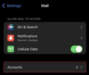iOS Mail Settings with Accounts highlighted