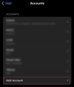 Accounts screen with Add Account highlighted