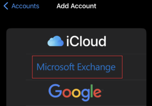 email provider selection screen with Microsoft Exchange highlighted