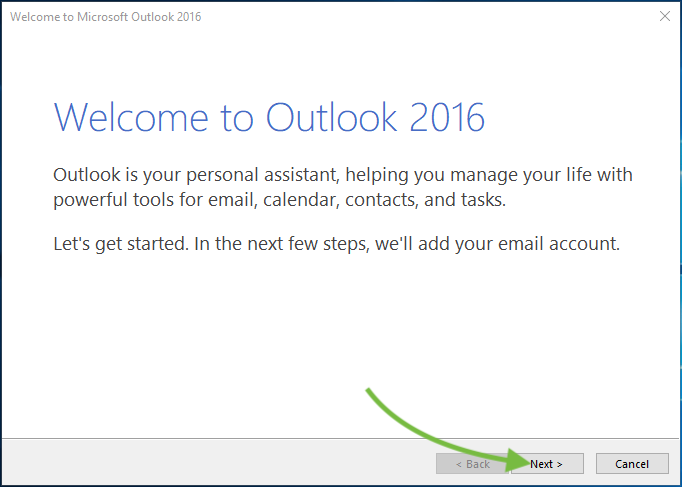 Welcome to Outlook 2016 window with Next button highlighted