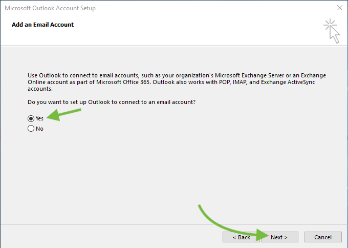 Outlook Account Setup Window with Yes radio button and Next button highlighted