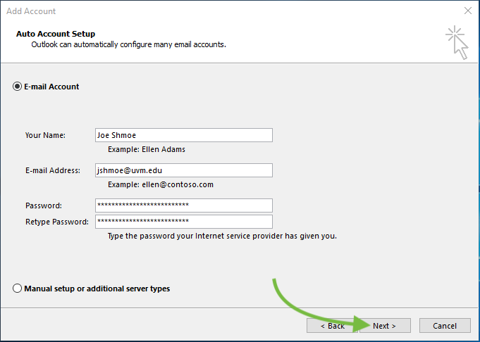 E-mail Account entry screen prefilled with Next button highlighted