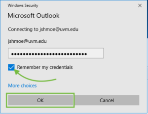 Windows Security password entry window with Remember my credentials checkbox and OK button highlighted