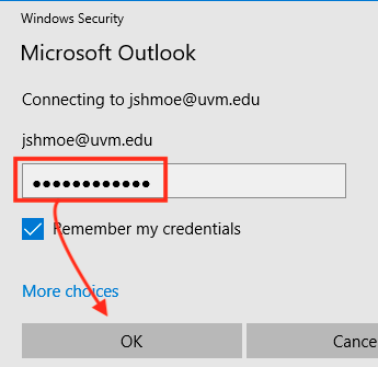Windows Security password window with email address text box and OK button highlighted