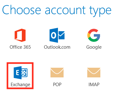 Choose account type choices with Exchange button highlighted