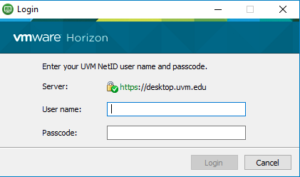VMWare Horizon Client Login window.
