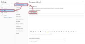 Exchange Online Compose and reply Settings.