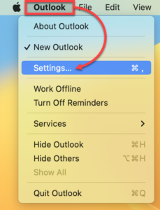 Mac OS Outlook menu with Settings highlighted