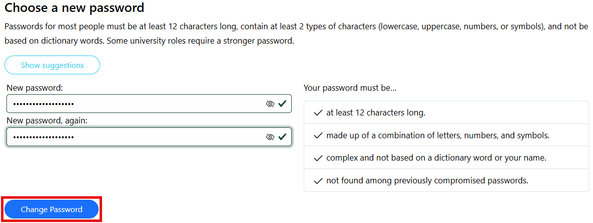 NetID Change form New Password fields and Change Password button