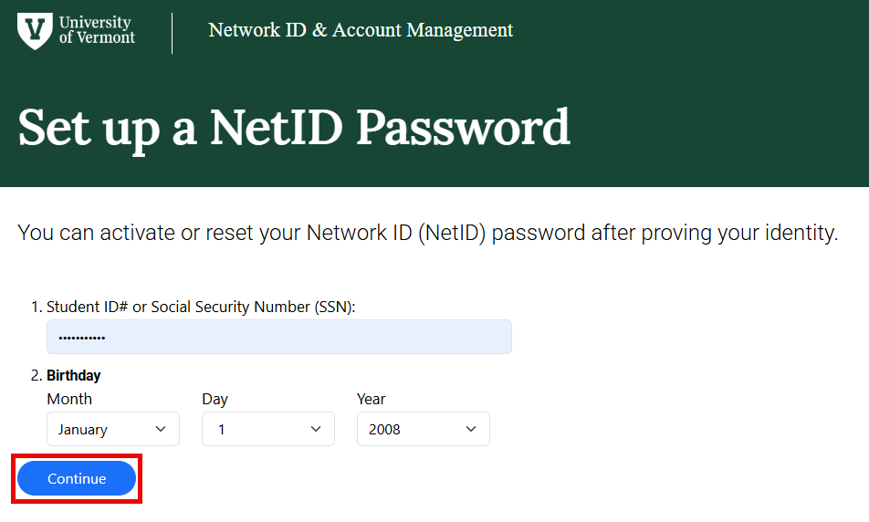 NetID Setup Page with Continue button highlighted
