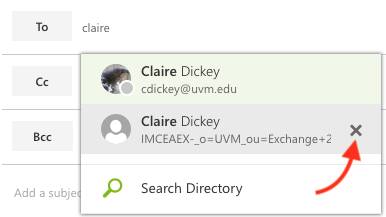 Outlook Auto-complete list with X button highlighted to the right of a UVM Exchange account