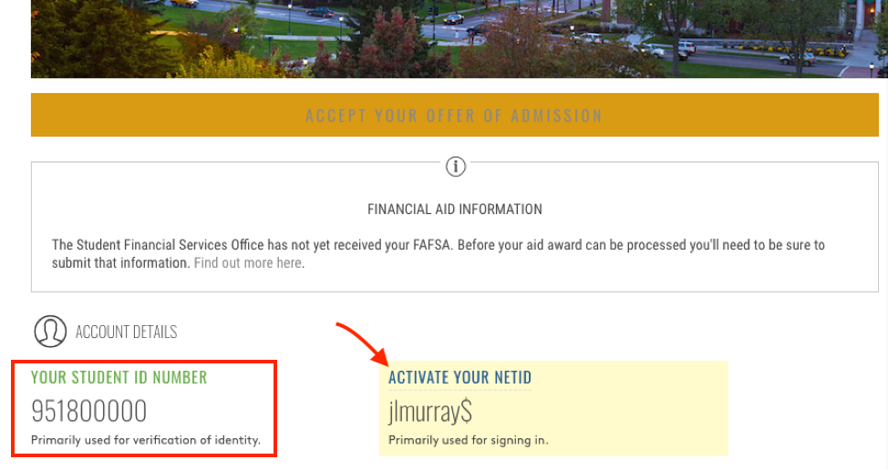 UVM SFS Account Details with Student ID number and Activate your NetID link highlighted