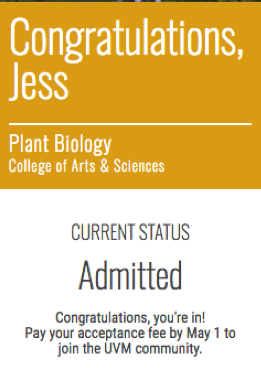 Congratulations Admitted status message with acceptance fee due date