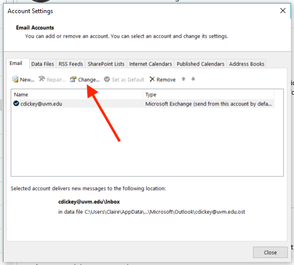 Outlook for Windows Change Account Settings button.