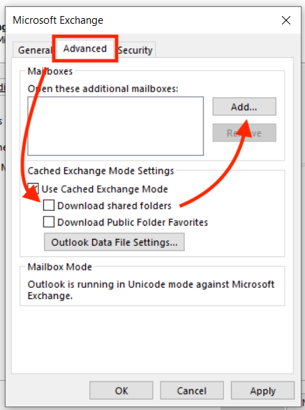 Outlook for Windows Account Settings Advanced tab.