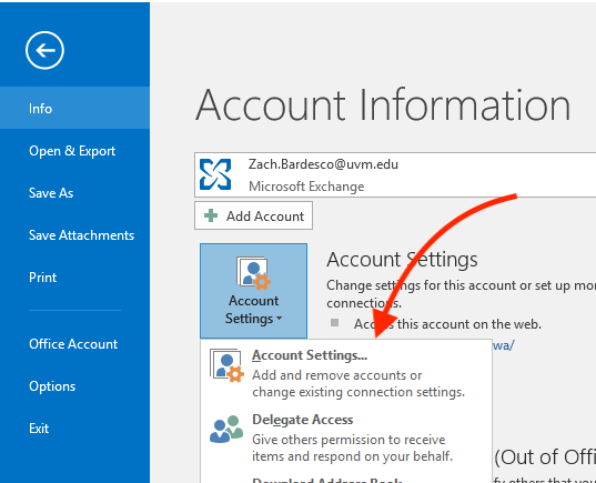 Outlook for Windows Account Settings button.