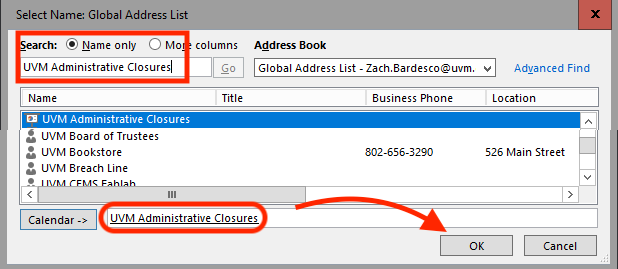Outlook for Windows Global Address List search.