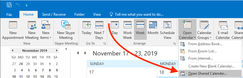 Outlook for Windows Open Shared Calendar...