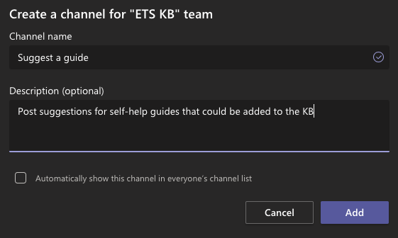 Teams Create a channel options.