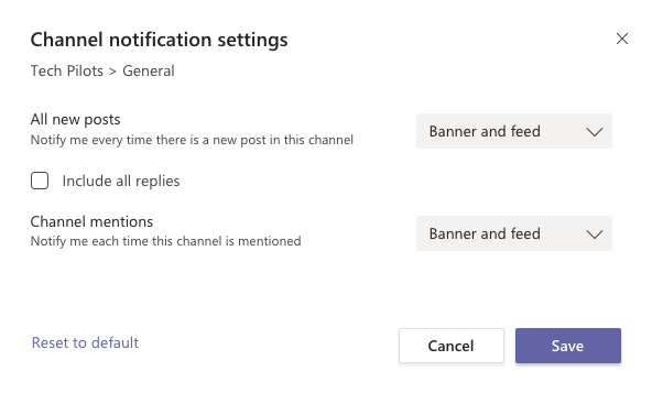 Teams Channel notifications settings.