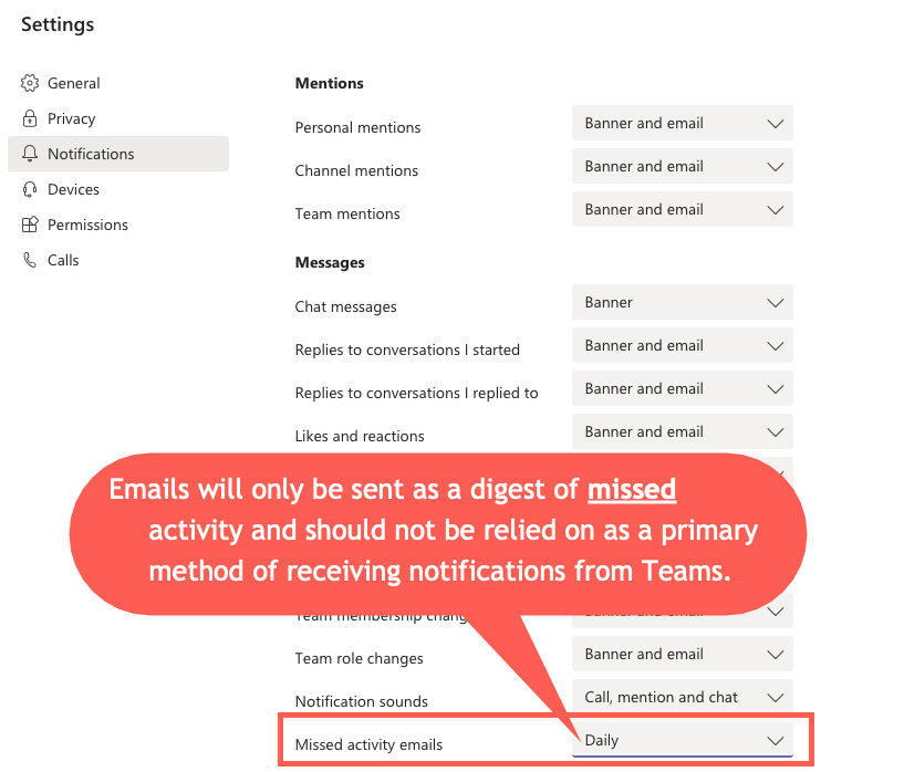 Teams Missed activity email Settings.