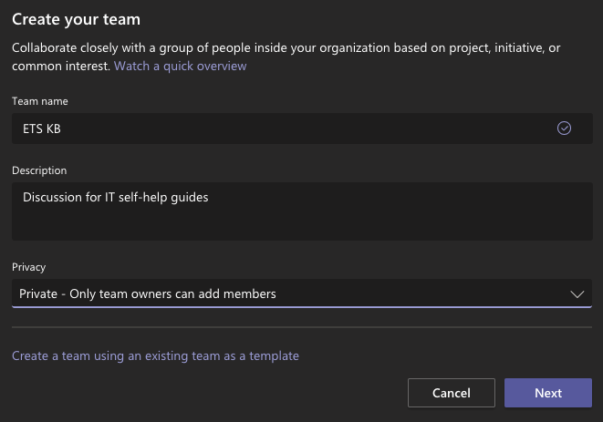 Create a team options.