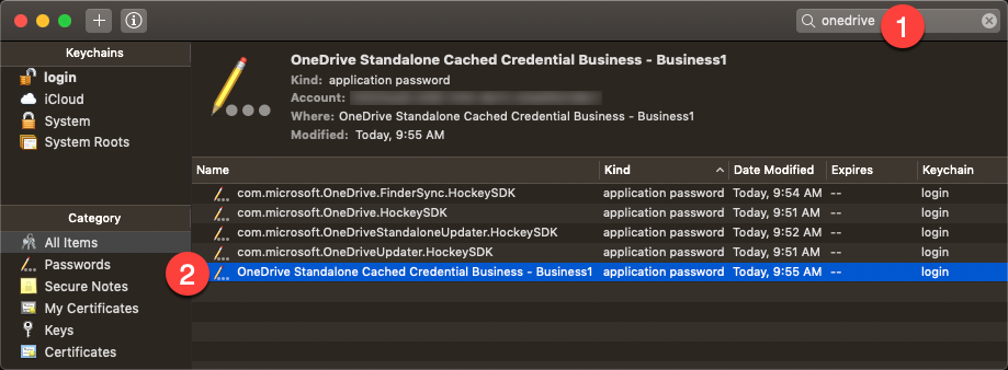 Keychain search for OneDrive with example key selected