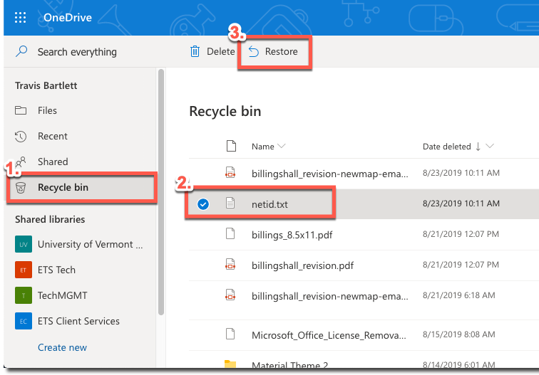 Recycle bin, example file, and Restore buttons
