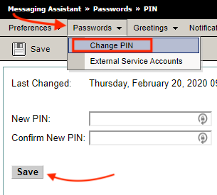 Cisco PCA Messaging Assistant Change PIN from Passwords drop-down