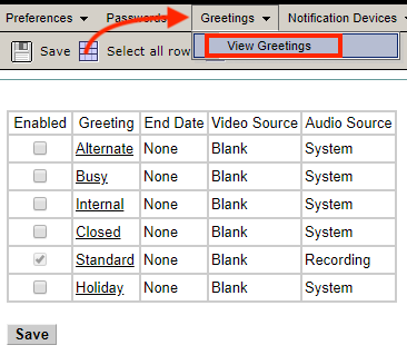 Cisco PCA Messaging Assistant View Greetings from Greetings drop-down