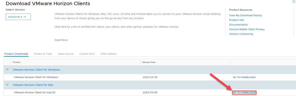 VMWare Horizon Go To Downloads link.