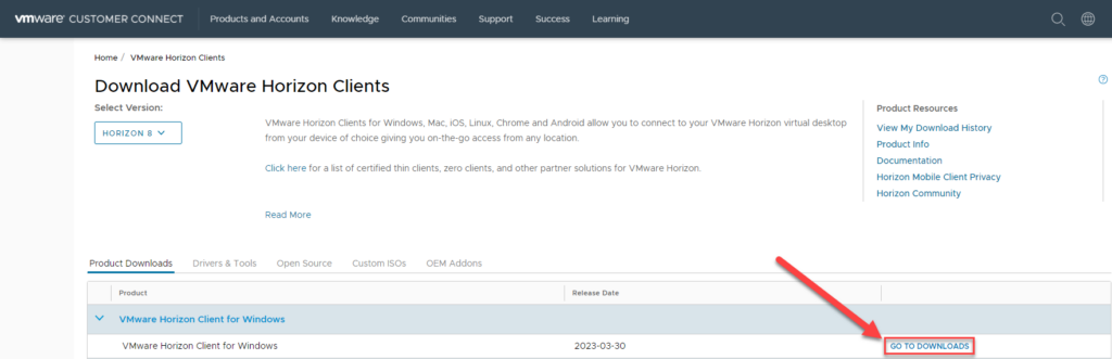 VMWare Horizon Go To Downloads link.