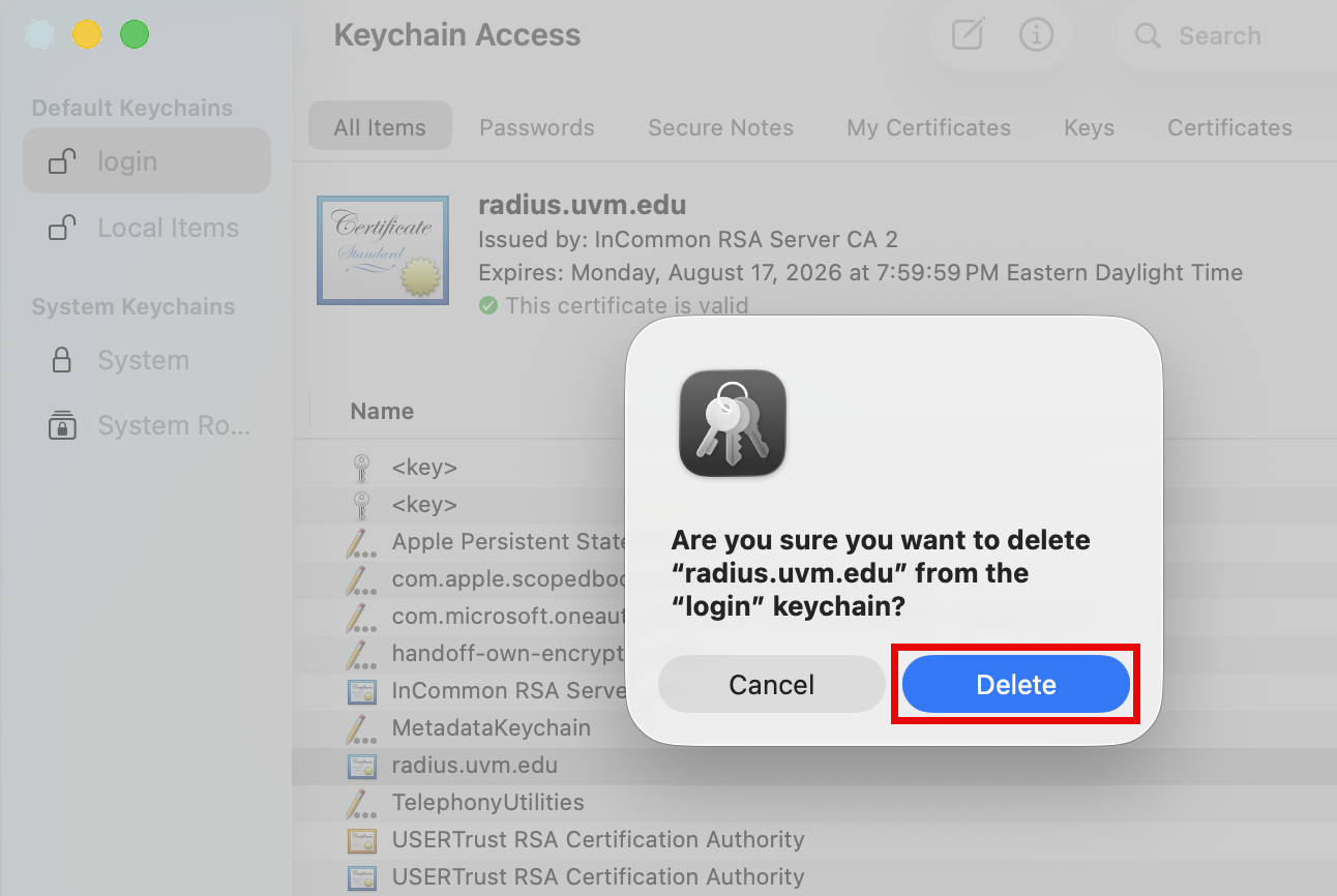Keychain Access Delete button