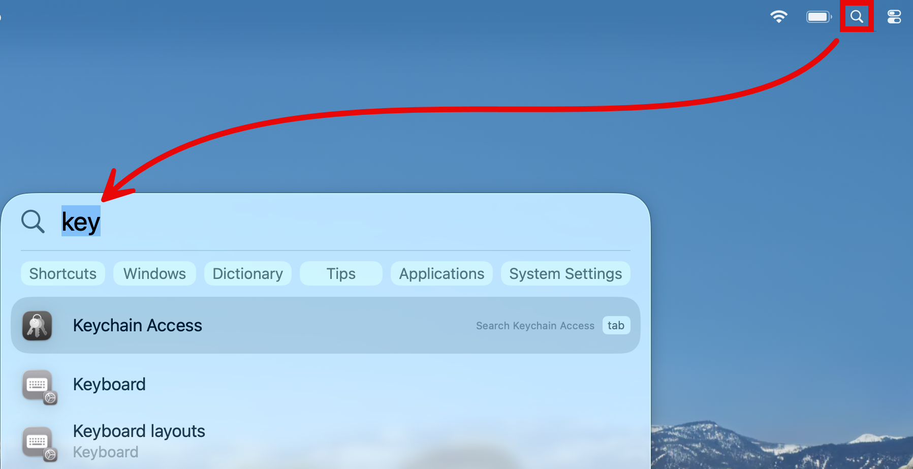 macOS Tahoe Spotlight search for Keychain Access