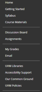 blackboard menu: home, getting started, syllabus, course materials