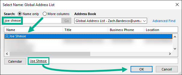 Outlook Global Address List search.