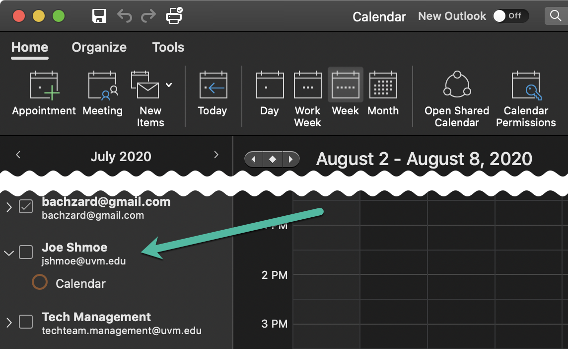 Outlook for Mac calendar list.