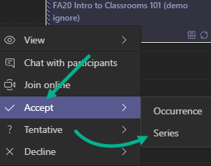 Meeting context menu with Accept and Series highlighted