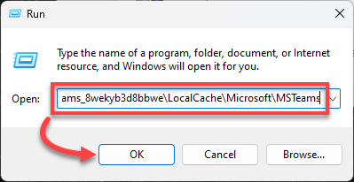 Windows Run dialog with New Teams cache folder path