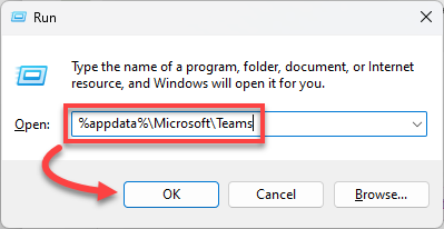 Windows Run window with Teams cache folder path