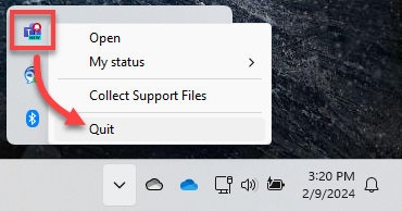 Windows app tray Teams icon context menu with Quit highlighted