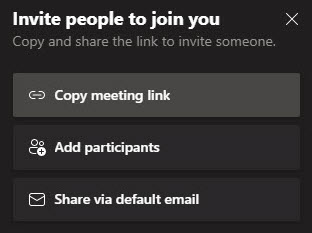 You’ll be prompted to invite people to join you using several different methods. These methods are briefly explained below, but for the purposes of this guide, click Copy meeting link, then share the meeting link using a normal Outlook meeting invitation or through some other means. You can also click Share via email to automatically open a new email with the link included. 